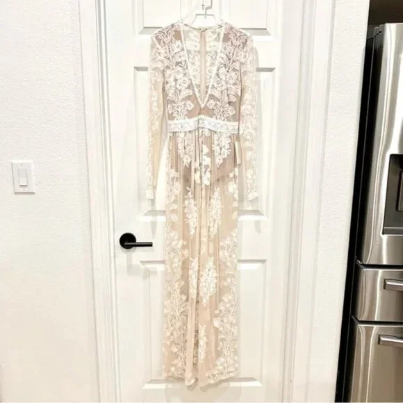 For Love & Lemons Ivory White Temecula Floral Lace Mesh Embroidered Maxi Dress For Love & Lemons Ivory White Temecula Floral Lace Mesh Embroidered Maxi Dress